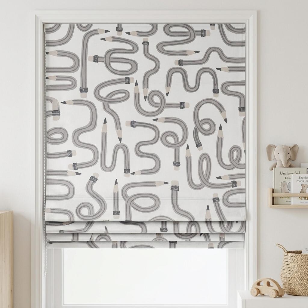 Gray Pencil Print Velvet Roman Shade, White Kids Room Blind, Custom Blackout or Light Filtering — image 2