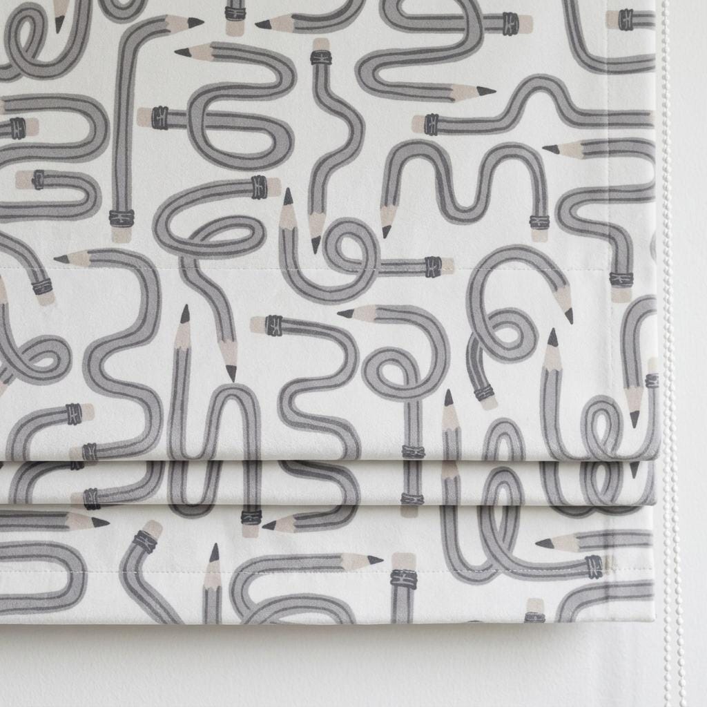 Gray Pencil Print Velvet Roman Shade, White Kids Room Blind, Custom Blackout or Light Filtering — image 1