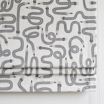 Gray Pencil Print Velvet Roman Shade, White Kids Room Blind, Custom Blackout or Light Filtering — image 1