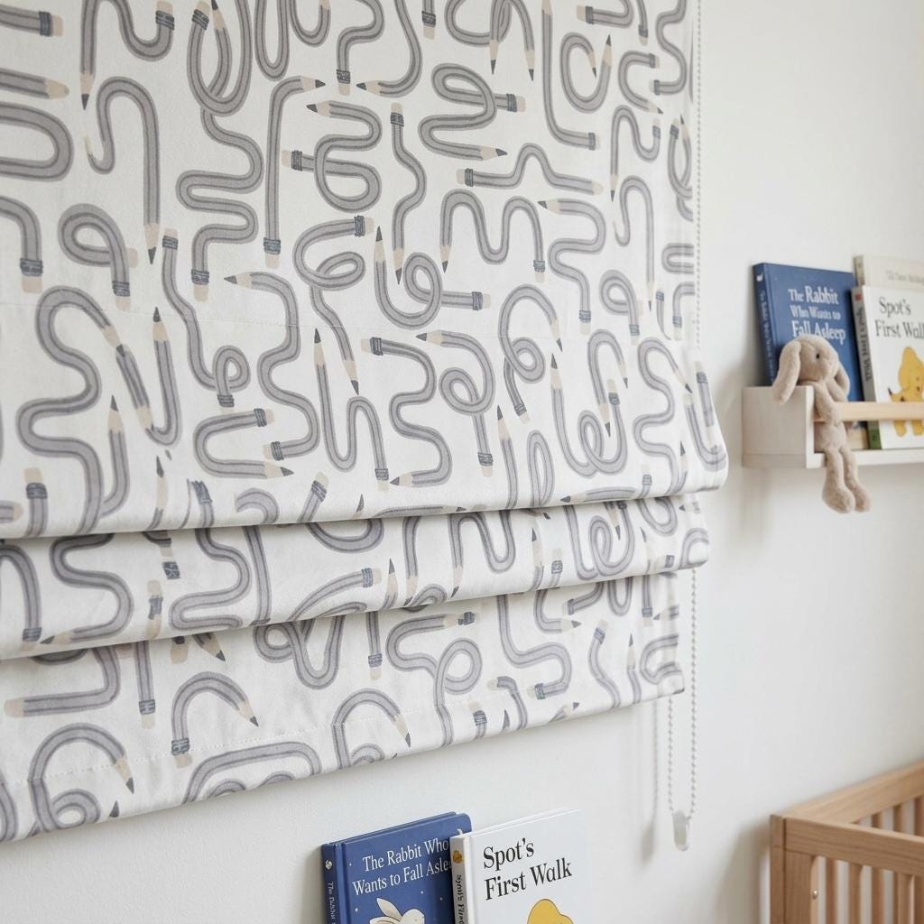 Gray Pencil Print Velvet Roman Shade, White Kids Room Blind, Custom Blackout or Light Filtering — image 5
