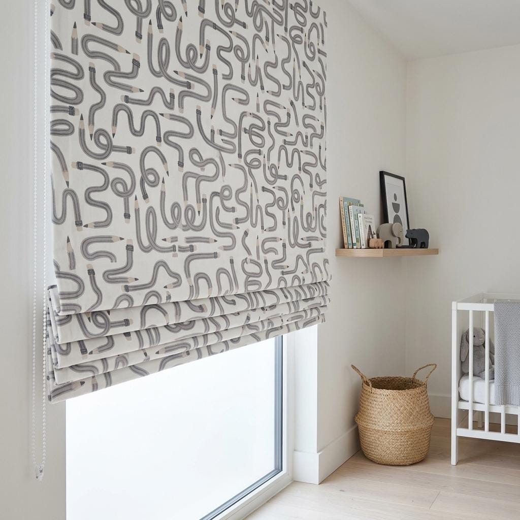Gray Pencil Print Velvet Roman Shade, White Kids Room Blind, Custom Blackout or Light Filtering — image 8