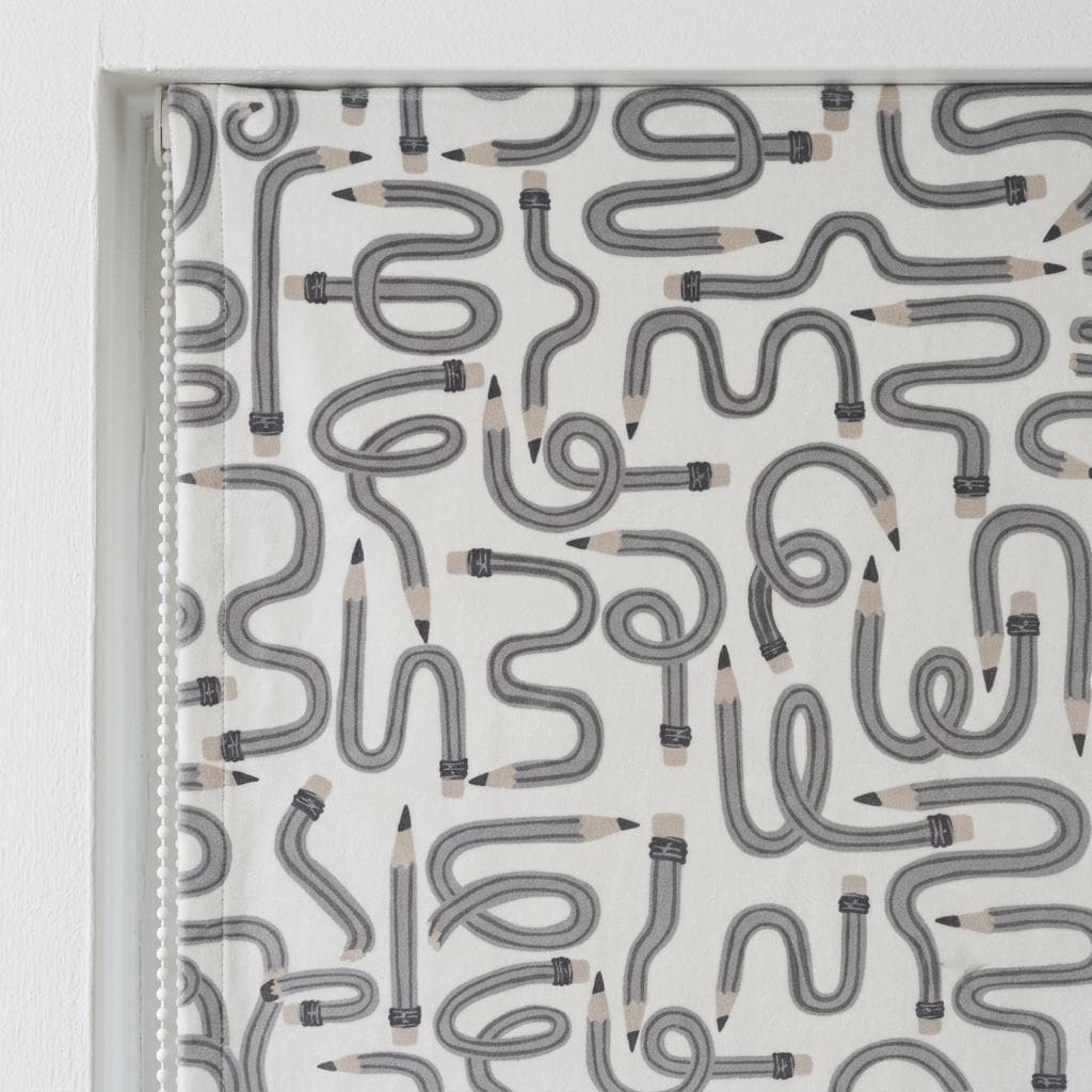 Gray Pencil Print Velvet Roman Shade, White Kids Room Blind, Custom Blackout or Light Filtering — image 7