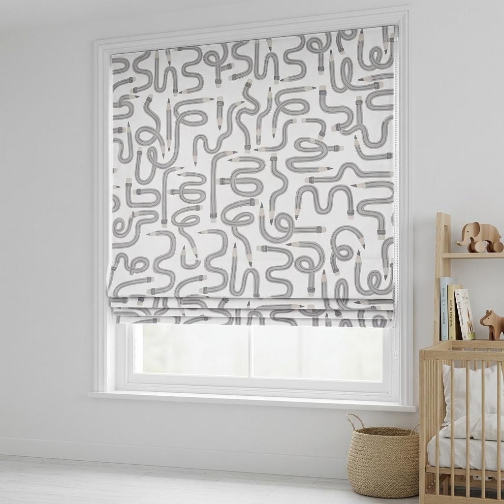 Gray Pencil Print Velvet Roman Shade, White Kids Room Blind, Custom Blackout or Light Filtering — image 9