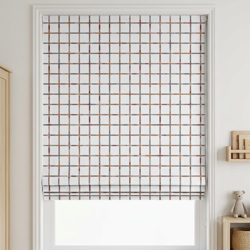 Custom Windowpane Velvet Roman Shade, White Teal Blush Plaid Nursery Blind, Blackout or Light Filtering — image 7