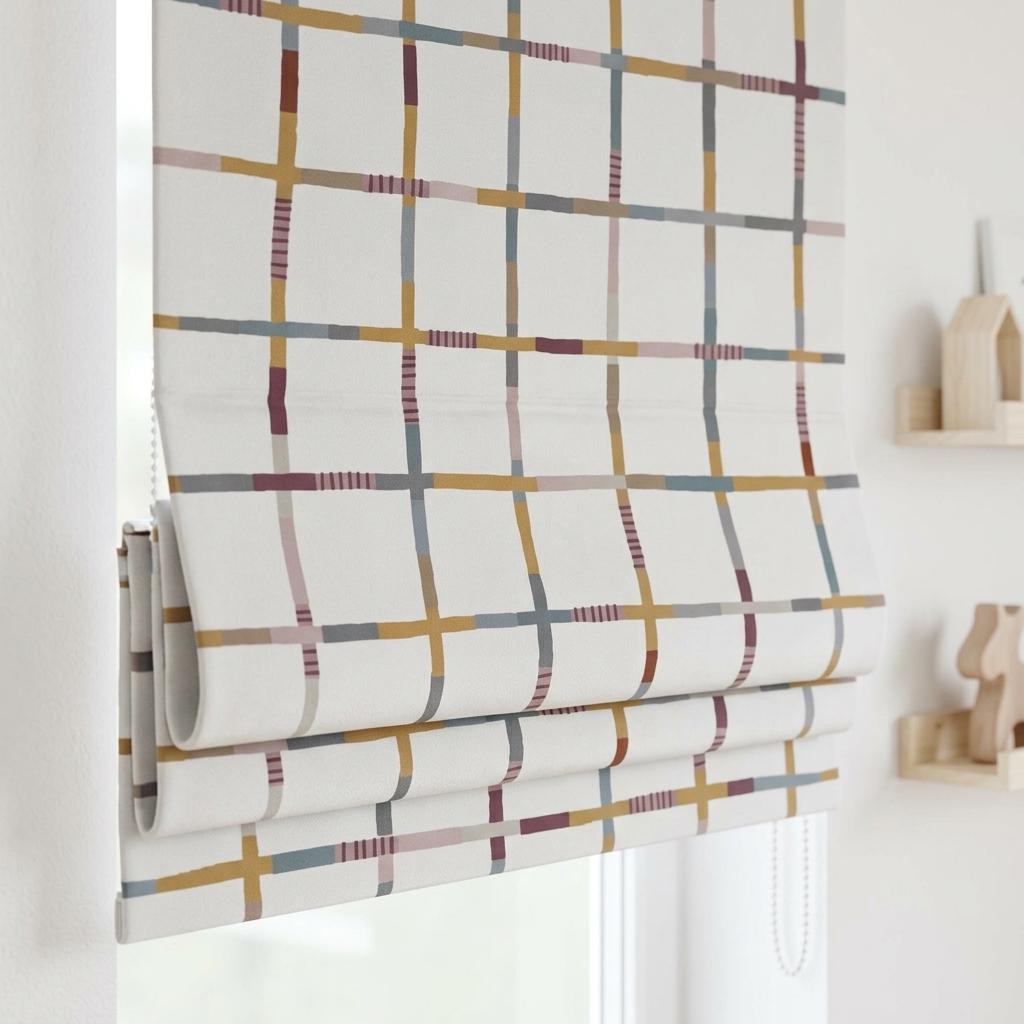 Custom Windowpane Velvet Roman Shade, White Teal Blush Plaid Nursery Blind, Blackout or Light Filtering — image 1