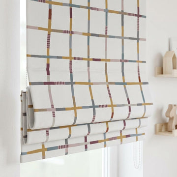 Custom Windowpane Velvet Roman Shade, White Teal Blush Plaid Nursery Blind, Blackout or Light Filtering — image 1
