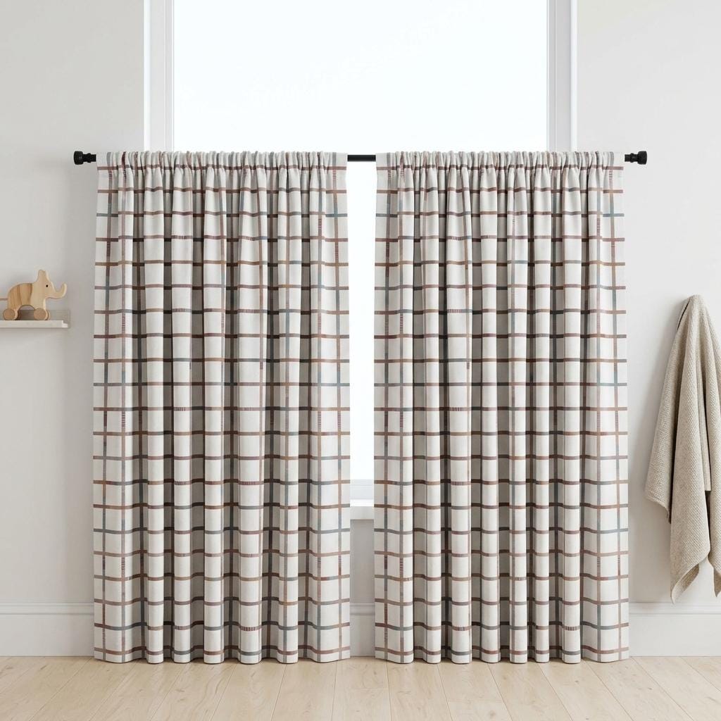 Soft White Windowpane Velvet Curtains, Teal Blush Mustard Plaid, Custom Blackout Nursery & Kids Room Drapes — image 8