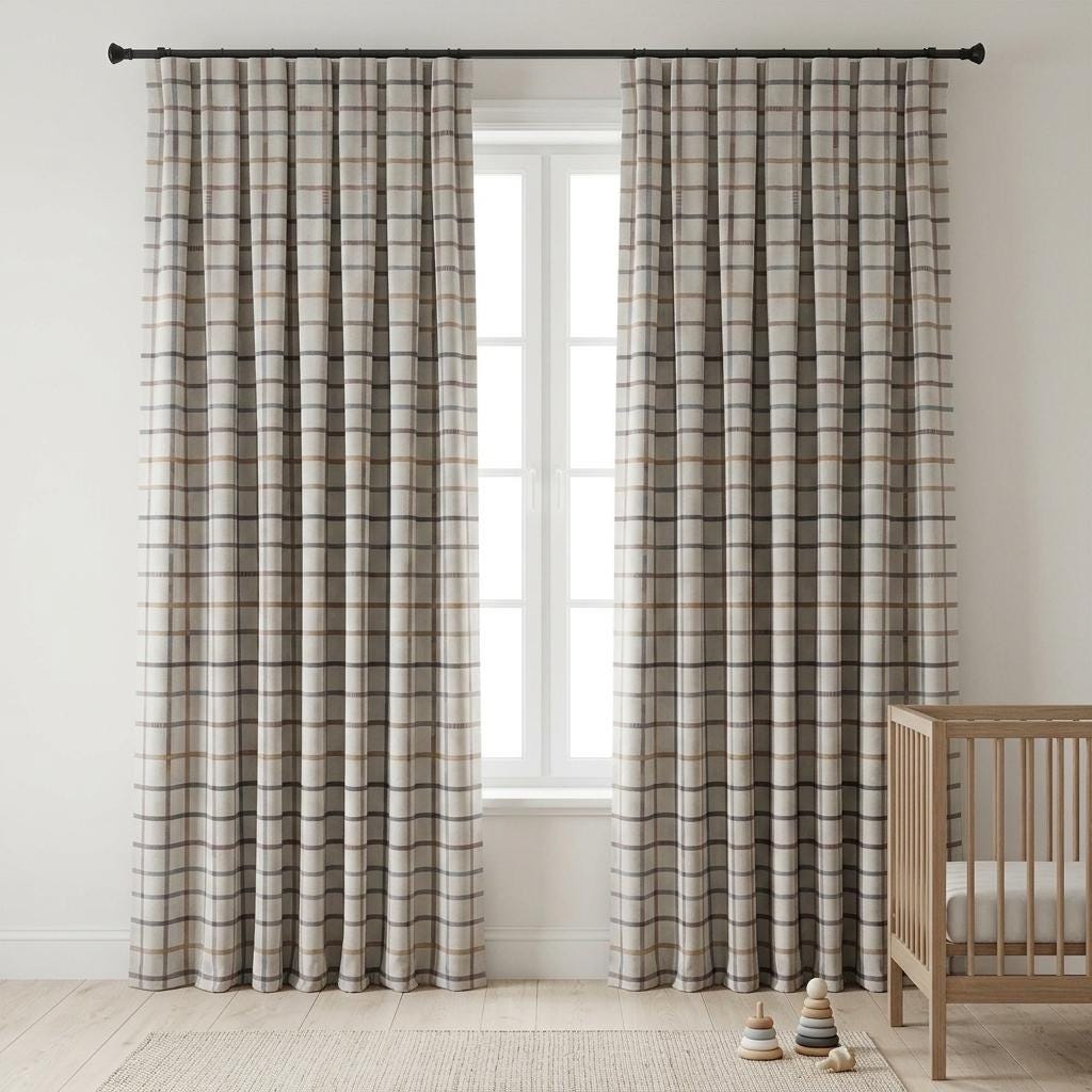 Soft White Windowpane Velvet Curtains, Teal Blush Mustard Plaid, Custom Blackout Nursery & Kids Room Drapes — image 9