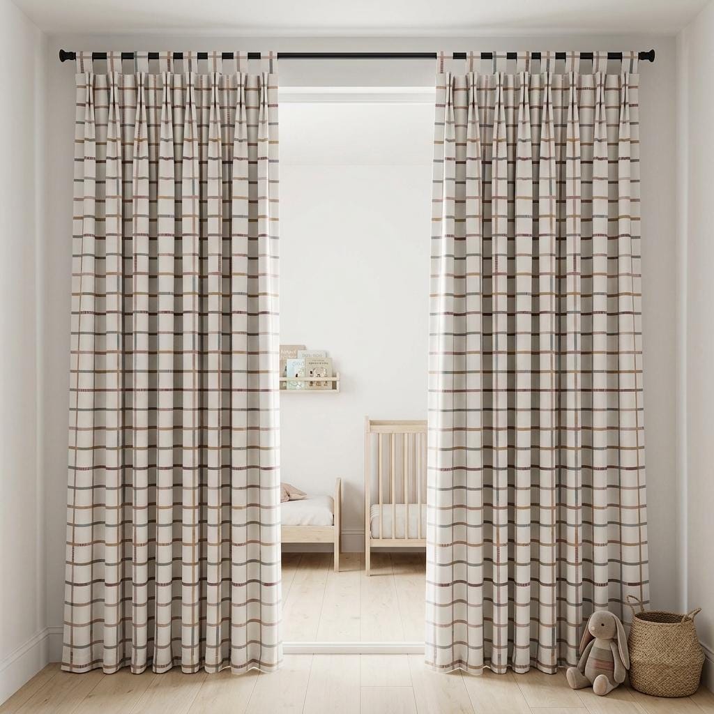 Soft White Windowpane Velvet Curtains, Teal Blush Mustard Plaid, Custom Blackout Nursery & Kids Room Drapes — image 5