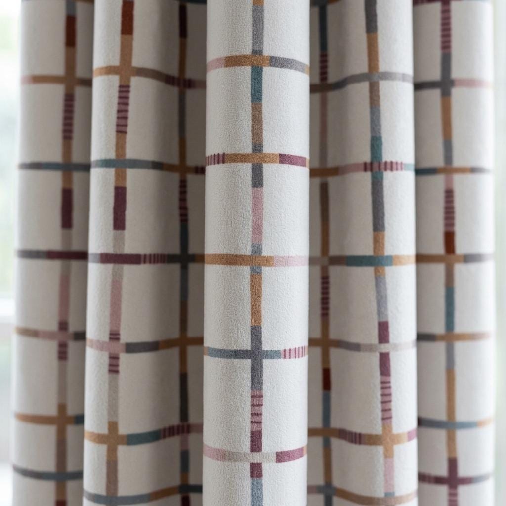 Soft White Windowpane Velvet Curtains, Teal Blush Mustard Plaid, Custom Blackout Nursery & Kids Room Drapes — image 6
