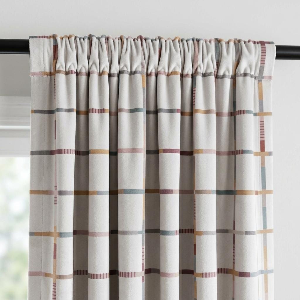 Soft White Windowpane Velvet Curtains, Teal Blush Mustard Plaid, Custom Blackout Nursery & Kids Room Drapes — image 1