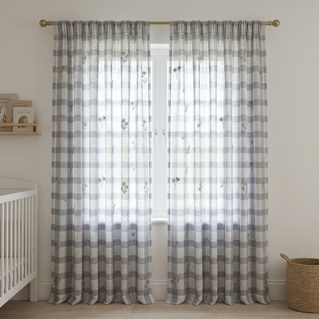White Taupe Gray Plaid Pure Linen Sheer Curtains, Embroidered Wildflower Drapes, Custom Light Filtering Panels — image 6