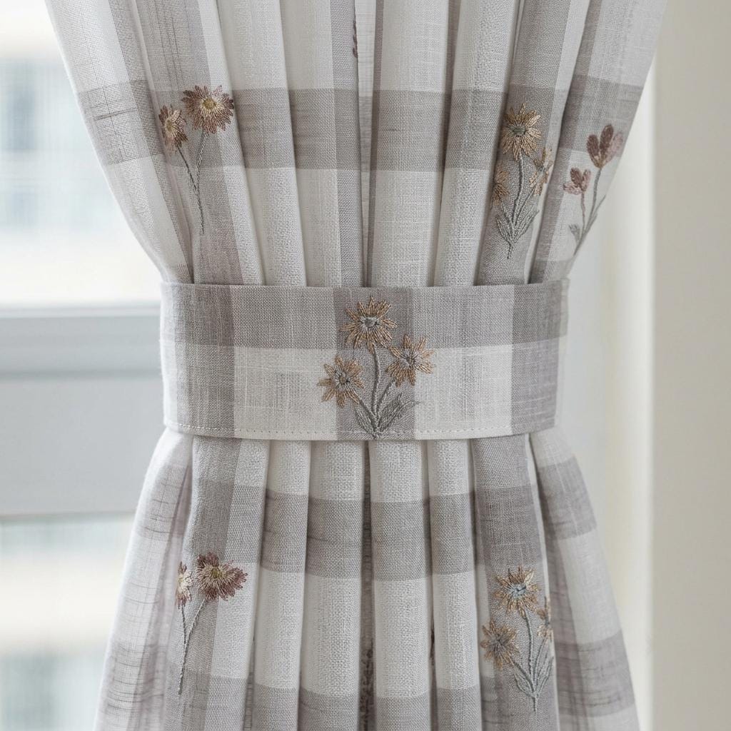 White Taupe Gray Plaid Pure Linen Sheer Curtains, Embroidered Wildflower Drapes, Custom Light Filtering Panels — image 3