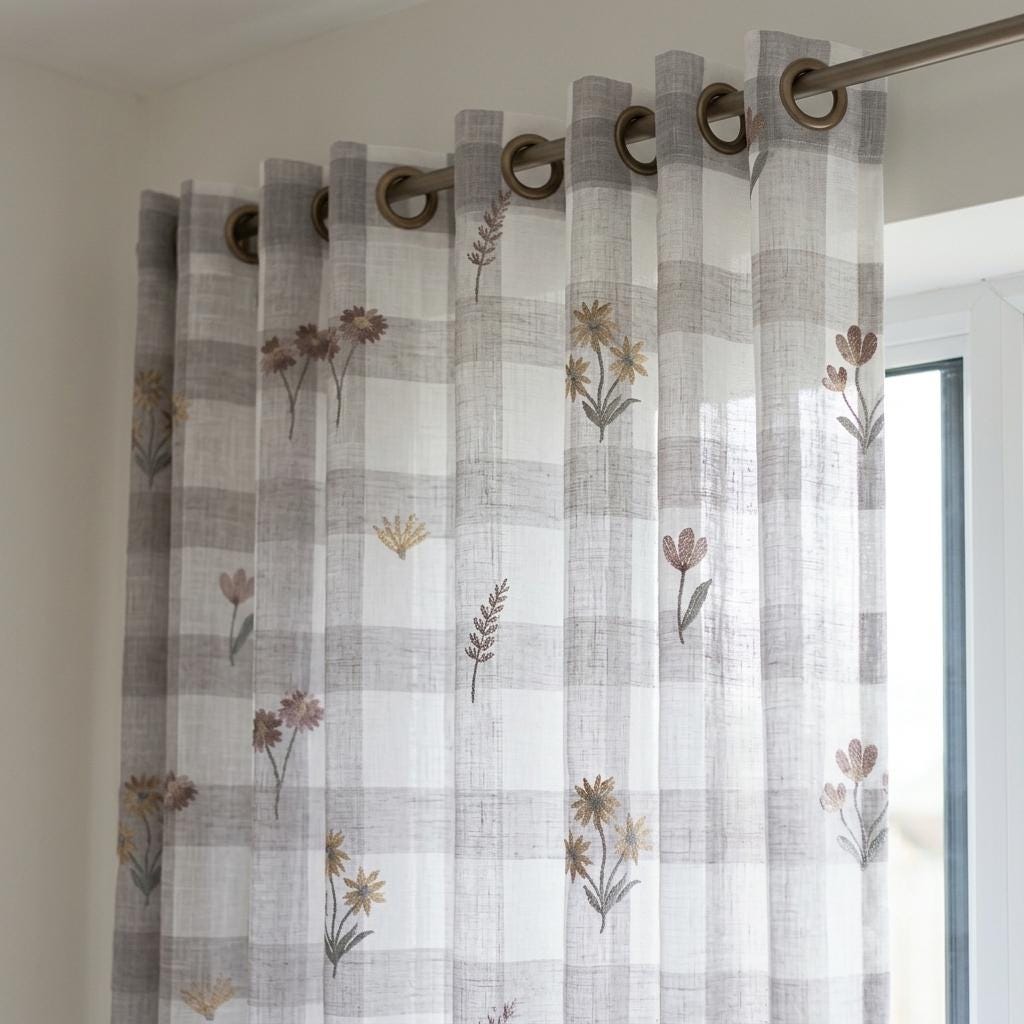 White Taupe Gray Plaid Pure Linen Sheer Curtains, Embroidered Wildflower Drapes, Custom Light Filtering Panels — image 4