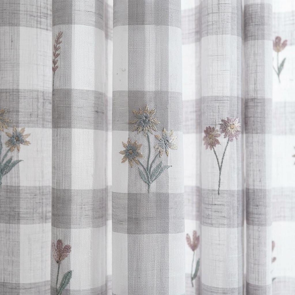 White Taupe Gray Plaid Pure Linen Sheer Curtains, Embroidered Wildflower Drapes, Custom Light Filtering Panels — image 5