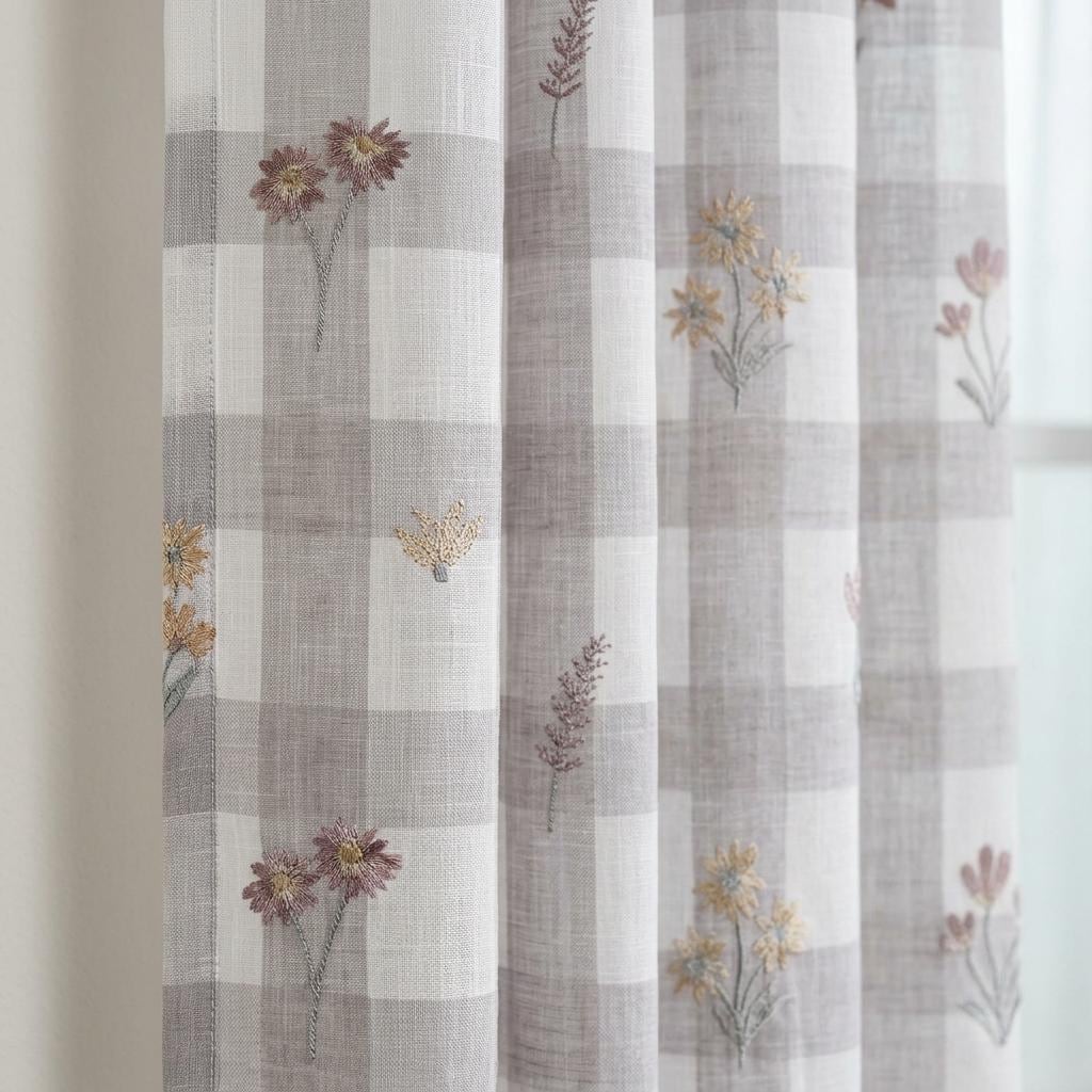 White Taupe Gray Plaid Pure Linen Sheer Curtains, Embroidered Wildflower Drapes, Custom Light Filtering Panels — image 1