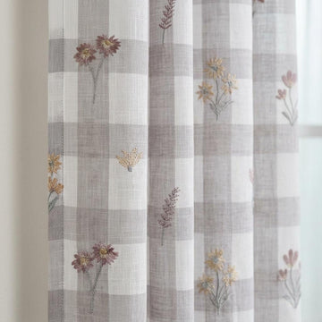 White Taupe Gray Plaid Pure Linen Sheer Curtains, Embroidered Wildflower Drapes, Custom Light Filtering Panels — image 1