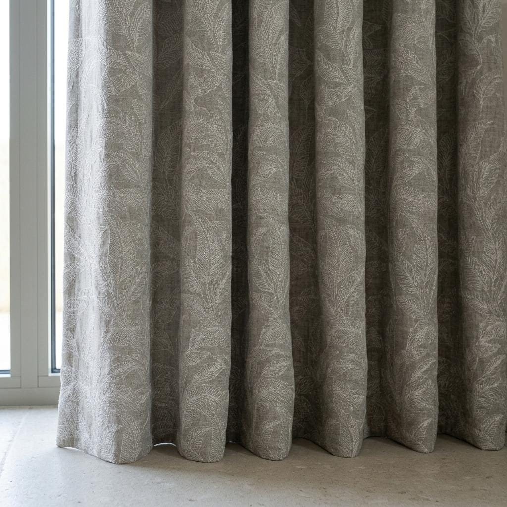 Taupe Greige Pure Linen Curtains, Ivory Embroidered Botanical Leaf Drapes, Custom Blackout or Light Filtering — image 5