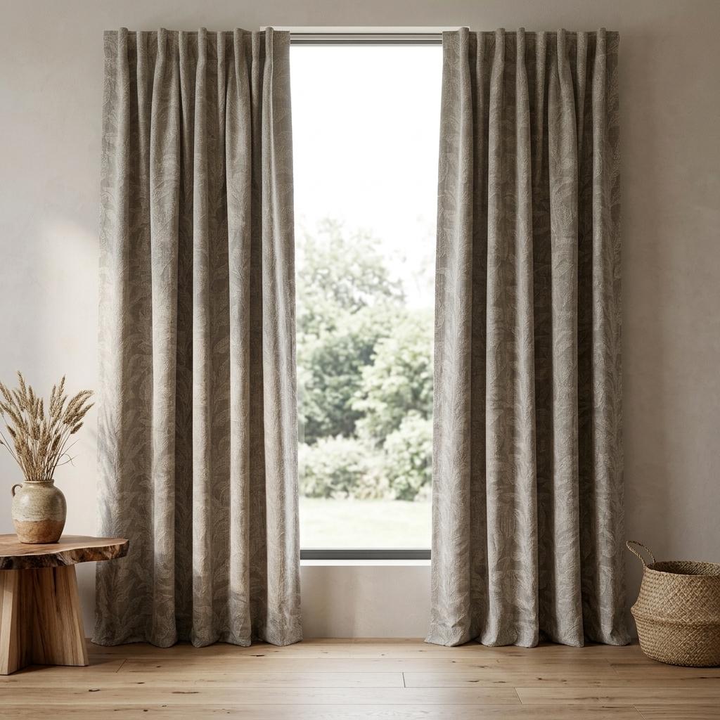 Taupe Greige Pure Linen Curtains, Ivory Embroidered Botanical Leaf Drapes, Custom Blackout or Light Filtering — image 3