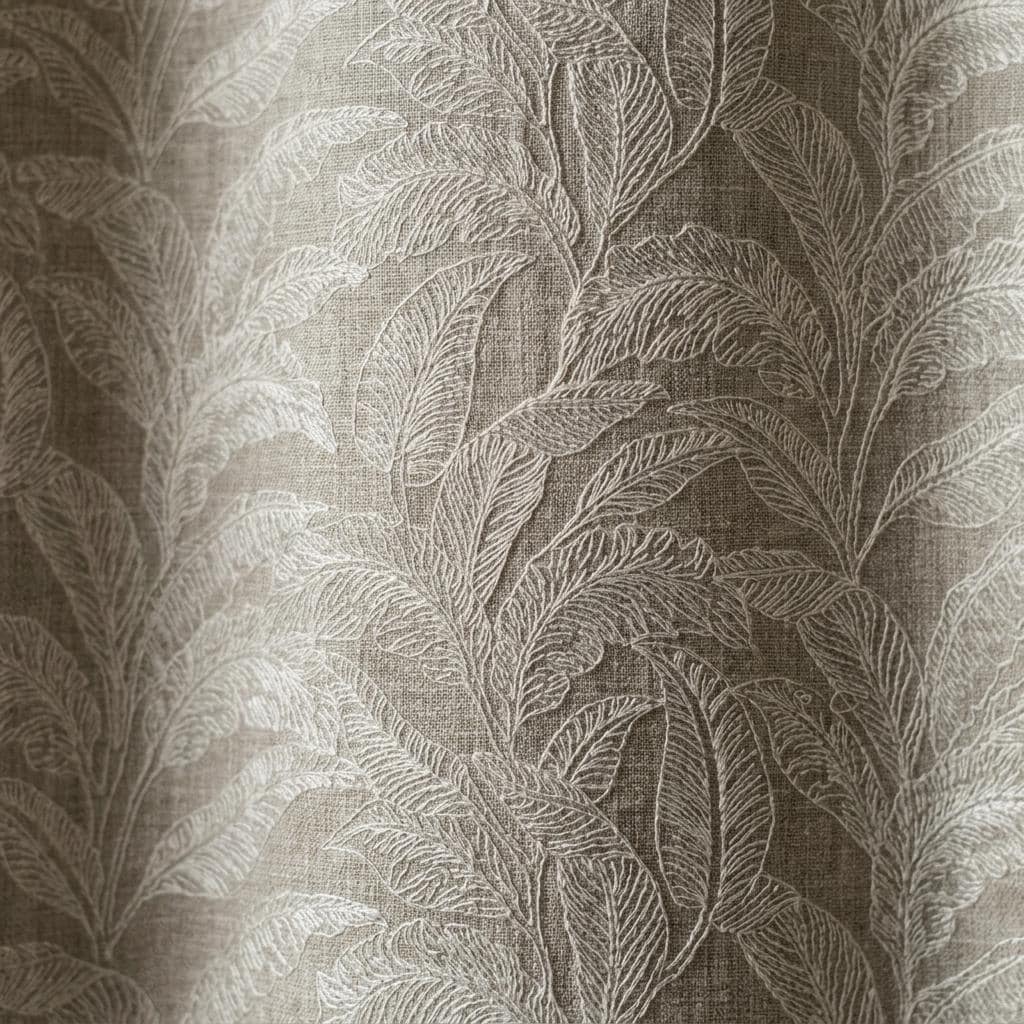 Taupe Greige Pure Linen Curtains, Ivory Embroidered Botanical Leaf Drapes, Custom Blackout or Light Filtering — image 1