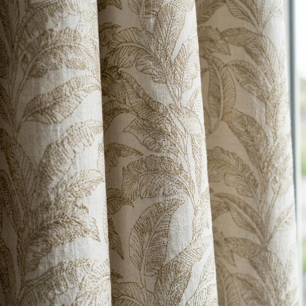 Ivory Pure Linen Curtains, Taupe Beige Embroidered Botanical Leaf Drapes, Custom Blackout or Light Filtering — image 1