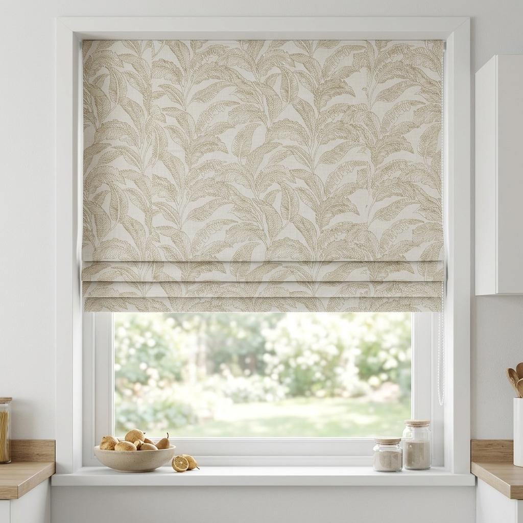White Pure Linen Roman Shade: Taupe-Beige Embroidered Banana Leaf, Custom Corded Blackout or Light Filtering — image 1
