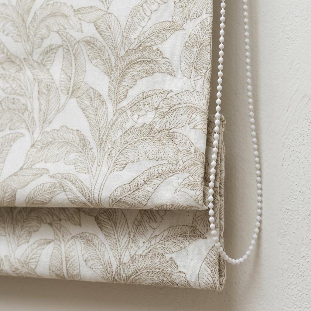 White Pure Linen Roman Shade: Taupe-Beige Embroidered Banana Leaf, Custom Corded Blackout or Light Filtering — image 1