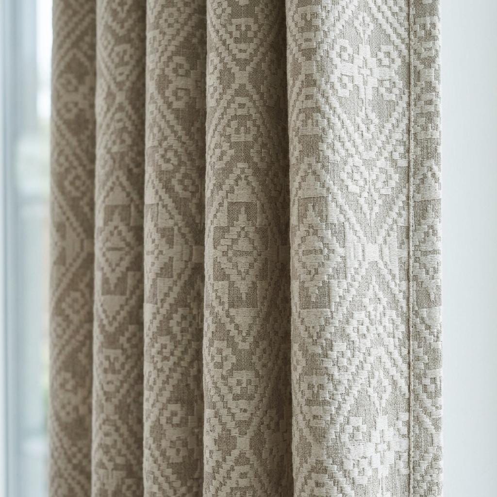 Greige Pure Linen Curtains, Ivory Embroidered Geometric Diamond Drapes, Custom Blackout or Light Filtering Panels — image 1