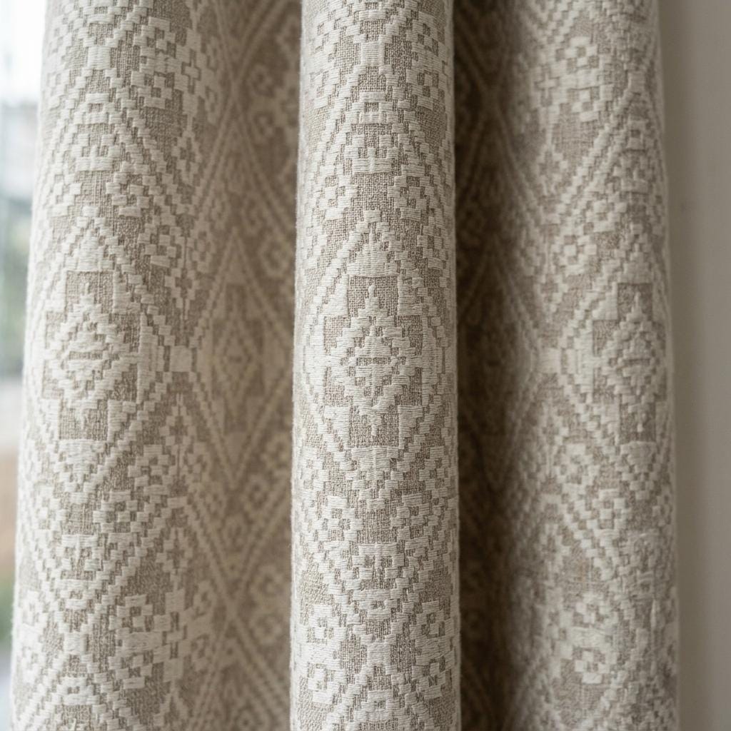Greige Pure Linen Curtains, Ivory Embroidered Geometric Diamond Drapes, Custom Blackout or Light Filtering Panels — image 1