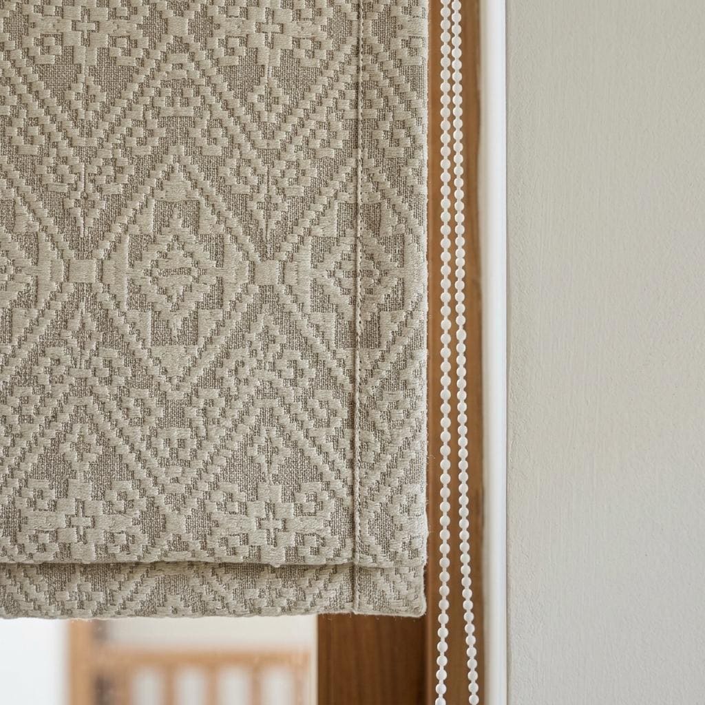 Custom Greige Pure Linen Roman Shade, Ivory Embroidered Geometric Diamond, Blackout or Light Filtering Blind — image 1