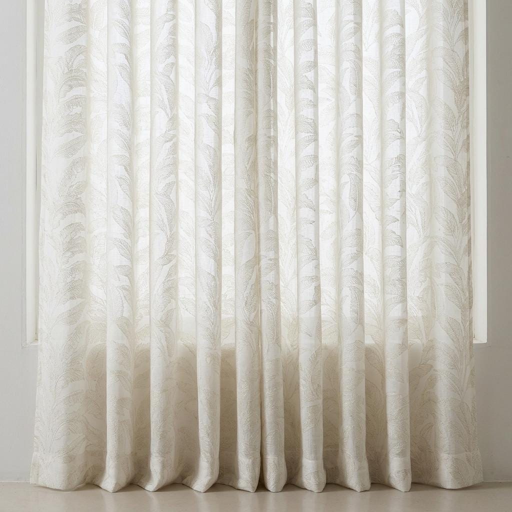 White Pure Linen Sheer Curtains, Flax Beige Embroidered Tropical Leaf, Custom Light Filtering Drapes — image 4