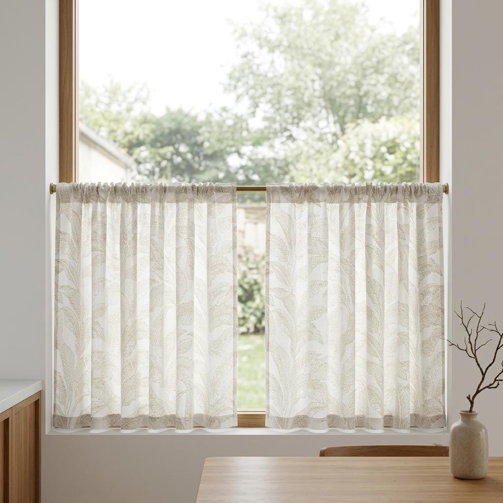 White Pure Linen Sheer Curtains, Flax Beige Embroidered Tropical Leaf, Custom Light Filtering Drapes — image 7