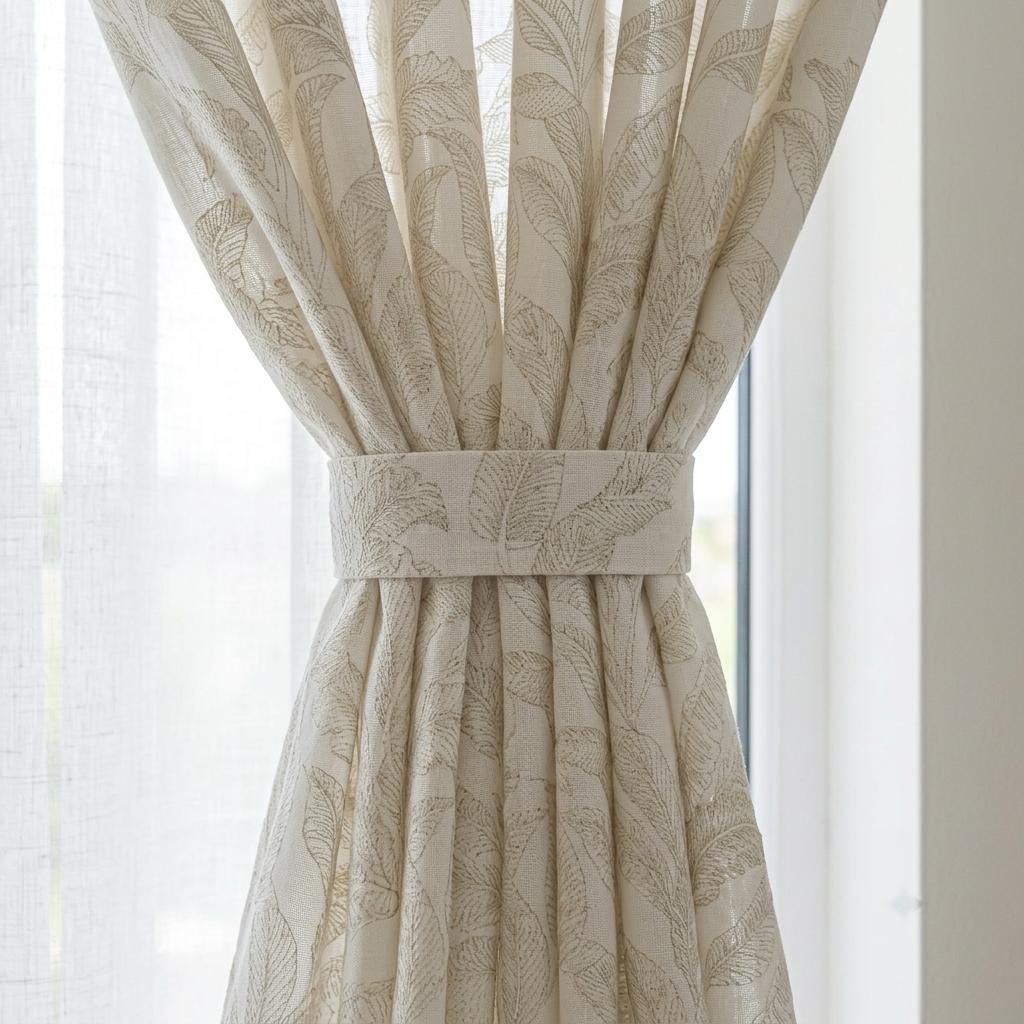 White Pure Linen Sheer Curtains, Flax Beige Embroidered Tropical Leaf, Custom Light Filtering Drapes — image 1