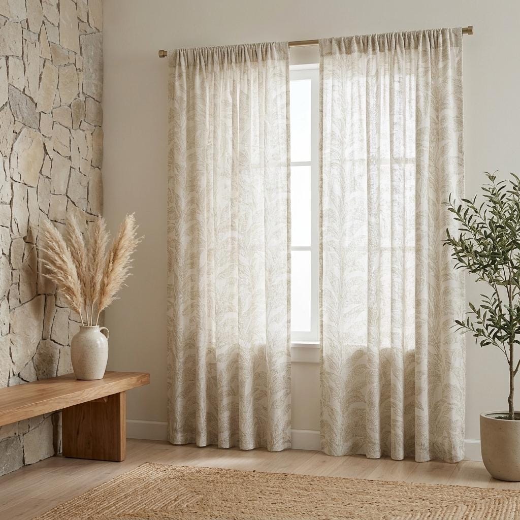 White Pure Linen Sheer Curtains, Flax Beige Embroidered Tropical Leaf, Custom Light Filtering Drapes — image 6