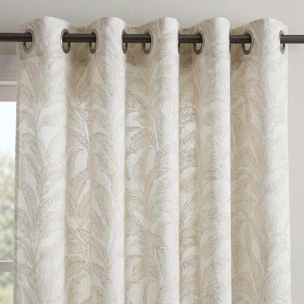 White Pure Linen Sheer Curtains, Flax Beige Embroidered Tropical Leaf, Custom Light Filtering Drapes — image 8