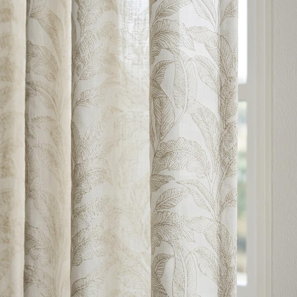 White Pure Linen Sheer Curtains, Flax Beige Embroidered Tropical Leaf, Custom Light Filtering Drapes — image 3