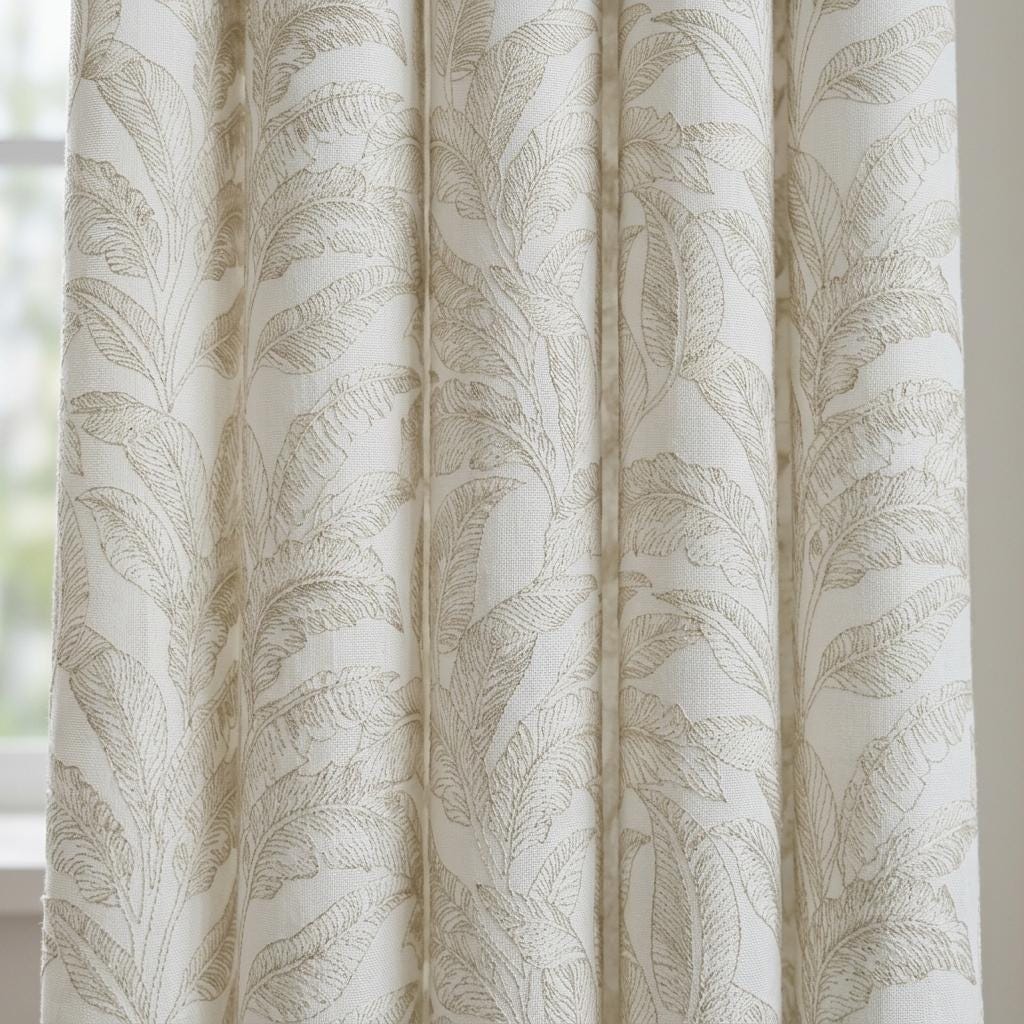White Pure Linen Sheer Curtains, Flax Beige Embroidered Tropical Leaf, Custom Light Filtering Drapes — image 1