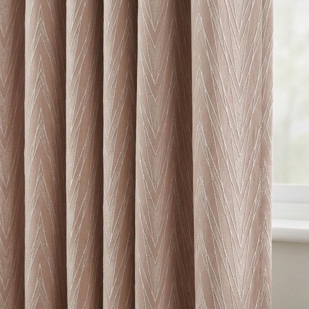 Blush Pink Pure Linen Jacquard Curtains, Ivory Chevron Geometric Drapes, Custom Blackout or Light Filtering — image 1