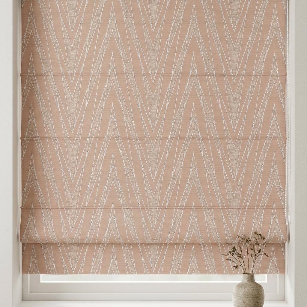Custom Blush-Pink Pure Linen Roman Shade, Ivory Chevron Jacquard, Blackout or Light-Filtering Corded Blind — image 1
