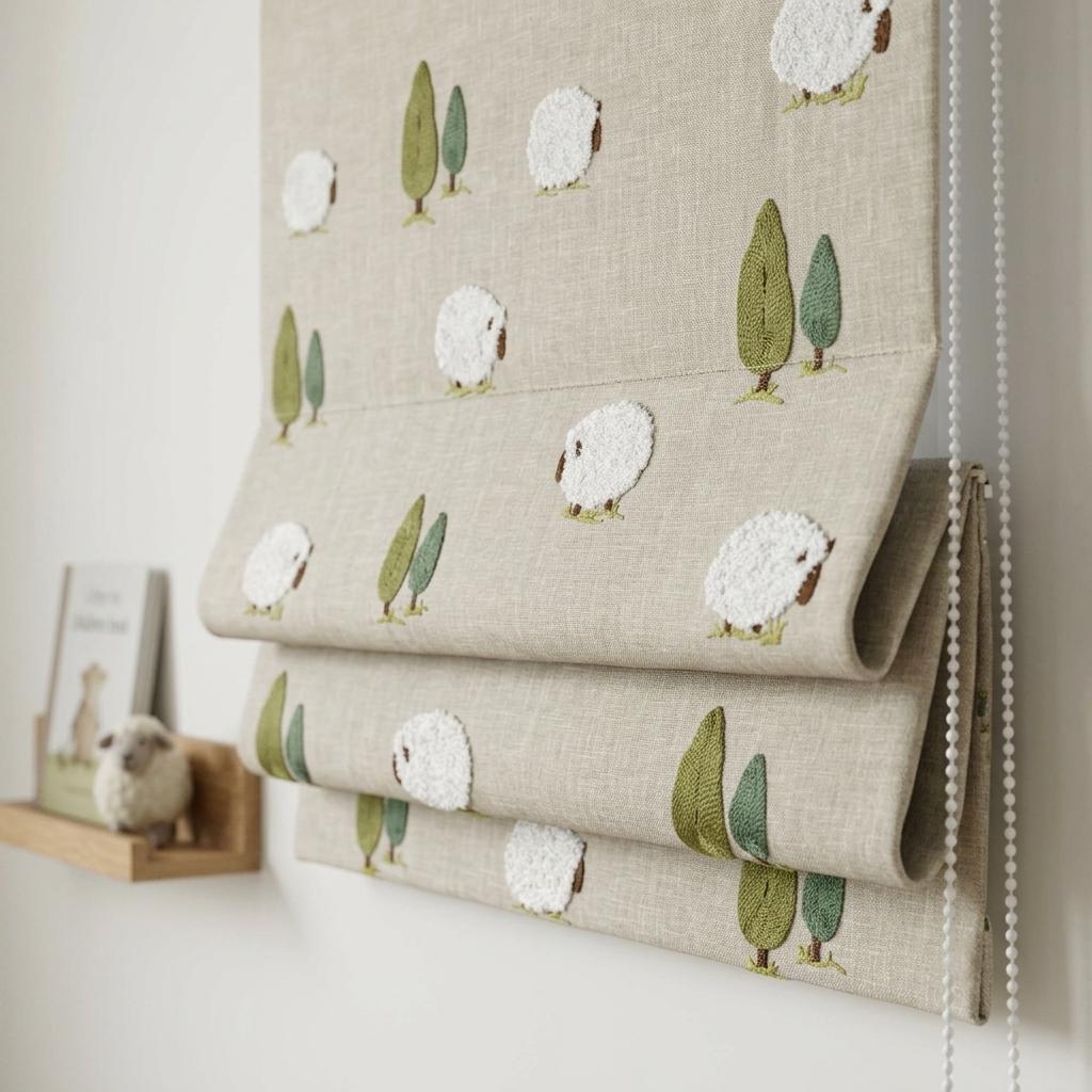 Custom Beige Pure Linen Roman Shade, White Sheep & Green Trees, Nursery Blackout or Light Filtering Blind — image 1