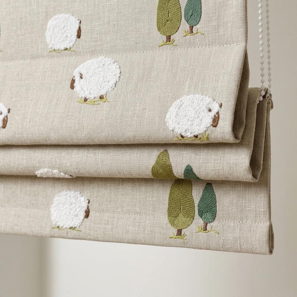 Custom Beige Pure Linen Roman Shade, White Sheep & Green Trees, Nursery Blackout or Light Filtering Blind — image 1