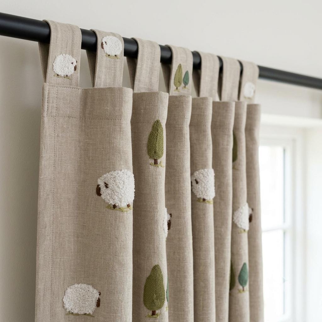 Natural Beige Linen Curtains, Embroidered White Sheep & Olive Green Trees, Custom Blackout Nursery Drapes — image 1