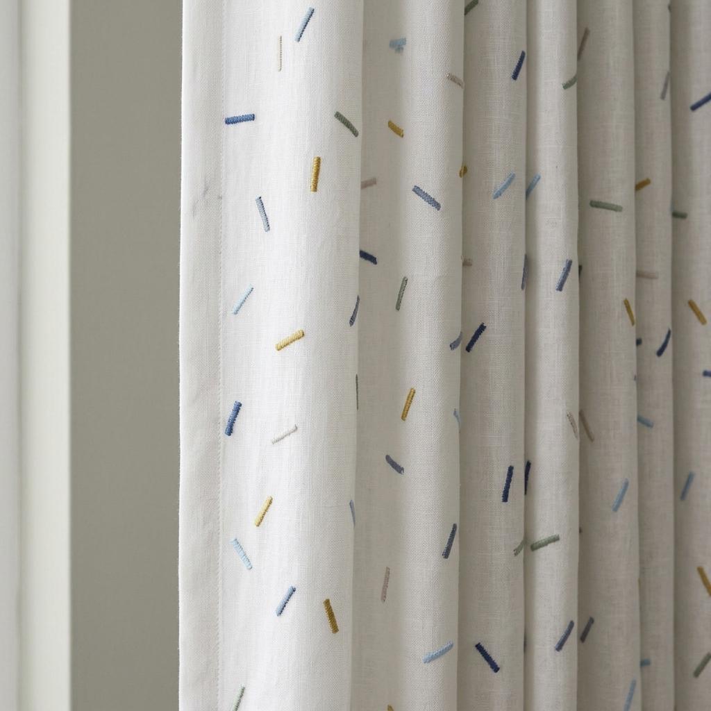 Soft White Pure Linen Curtains, Multicolor Embroidered Confetti Dashes, Custom Blackout Nursery Kids Room Drapes — image 1