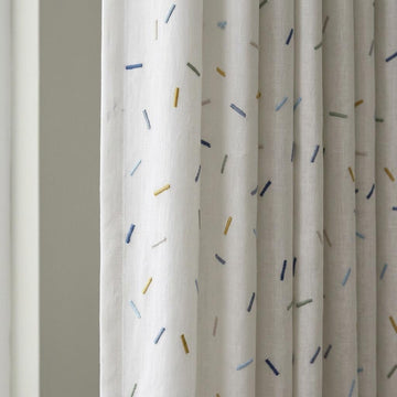 Soft White Pure Linen Curtains, Multicolor Embroidered Confetti Dashes, Custom Blackout Nursery Kids Room Drapes — image 1
