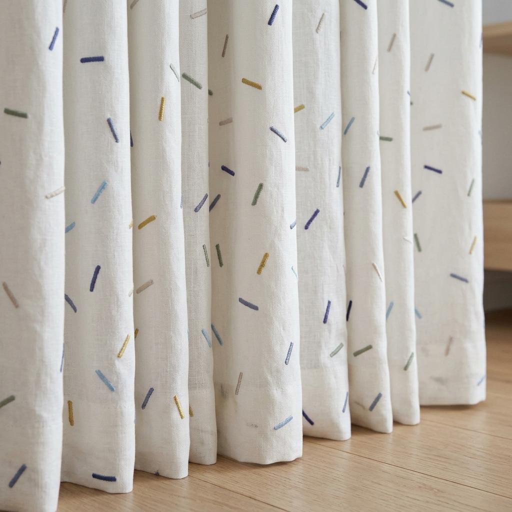 Soft White Pure Linen Curtains, Multicolor Embroidered Confetti Dashes, Custom Blackout Nursery Kids Room Drapes — image 4