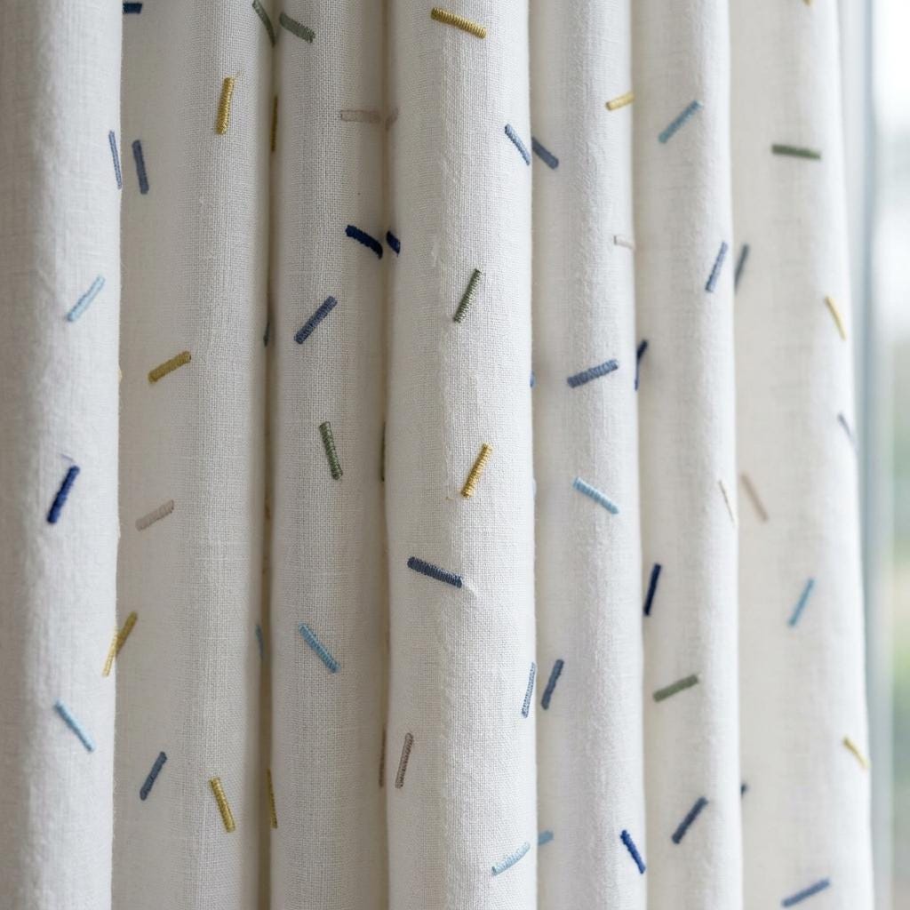Soft White Pure Linen Curtains, Multicolor Embroidered Confetti Dashes, Custom Blackout Nursery Kids Room Drapes — image 6