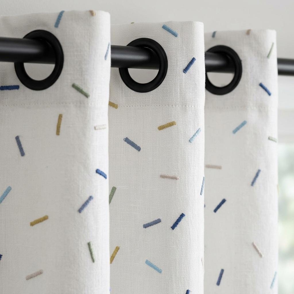 Soft White Pure Linen Curtains, Multicolor Embroidered Confetti Dashes, Custom Blackout Nursery Kids Room Drapes — image 3