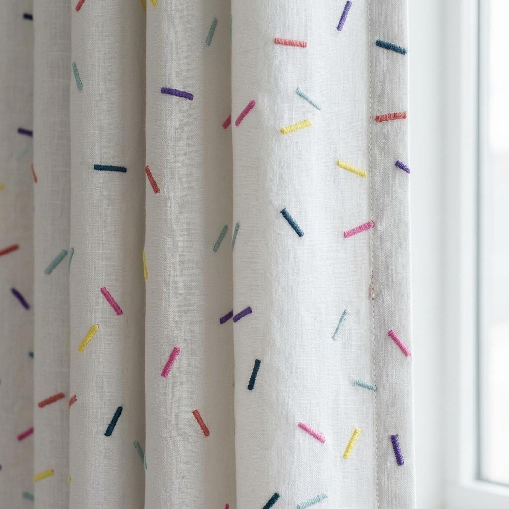 Soft White Pure Linen Curtains, Rainbow Confetti Dash Embroidery, Custom Blackout Nursery Kids Room Drapes — image 3