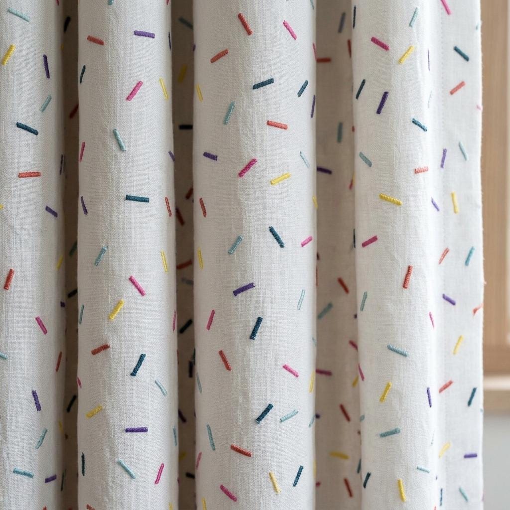 Soft White Pure Linen Curtains, Rainbow Confetti Dash Embroidery, Custom Blackout Nursery Kids Room Drapes — image 1