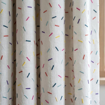 Soft White Pure Linen Curtains, Rainbow Confetti Dash Embroidery, Custom Blackout Nursery Kids Room Drapes — image 1